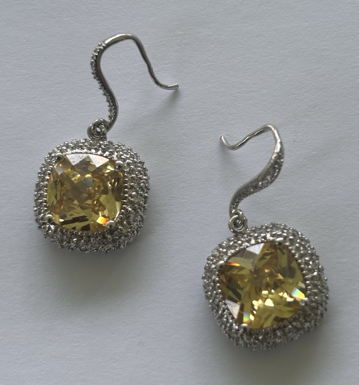 925 Sterling Silver Yellow Cushion Cut Halo Drop Earrings – Unknown Gemstone