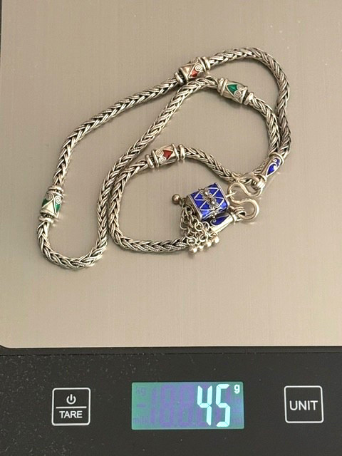 VTG U450 925 Sterling Silver Snake Chain Blue Red Green Enamel Pendant L 19″ 45g