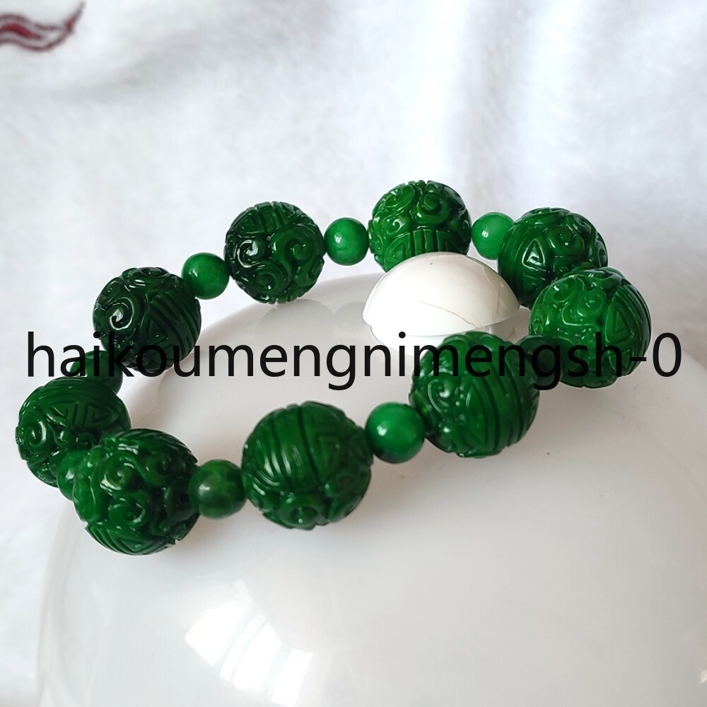16mm Natural Green Burma Jade jadeite Carved RUYI Round Beads Bracelet 7.5″