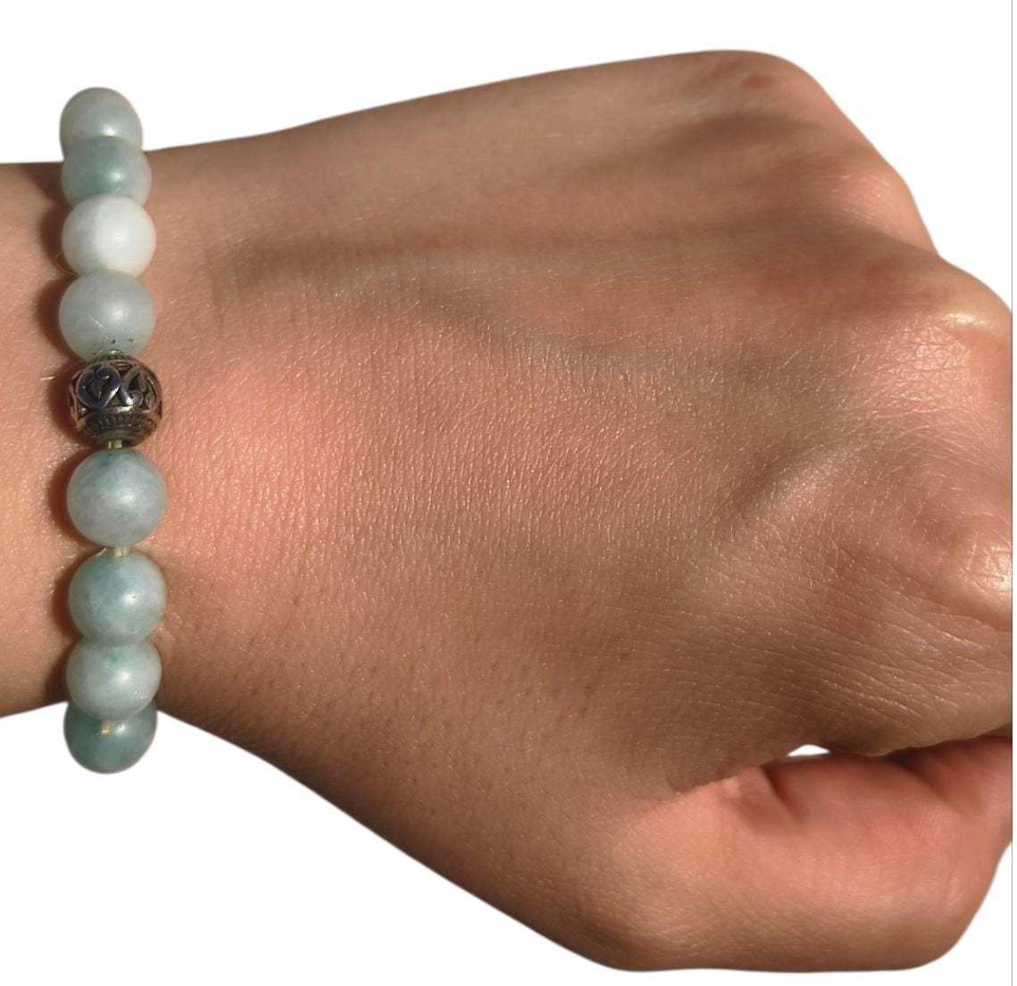 VTG Natural Amazonite Gemstone Bracelet Healing Beads Elastic Silver Women Gift