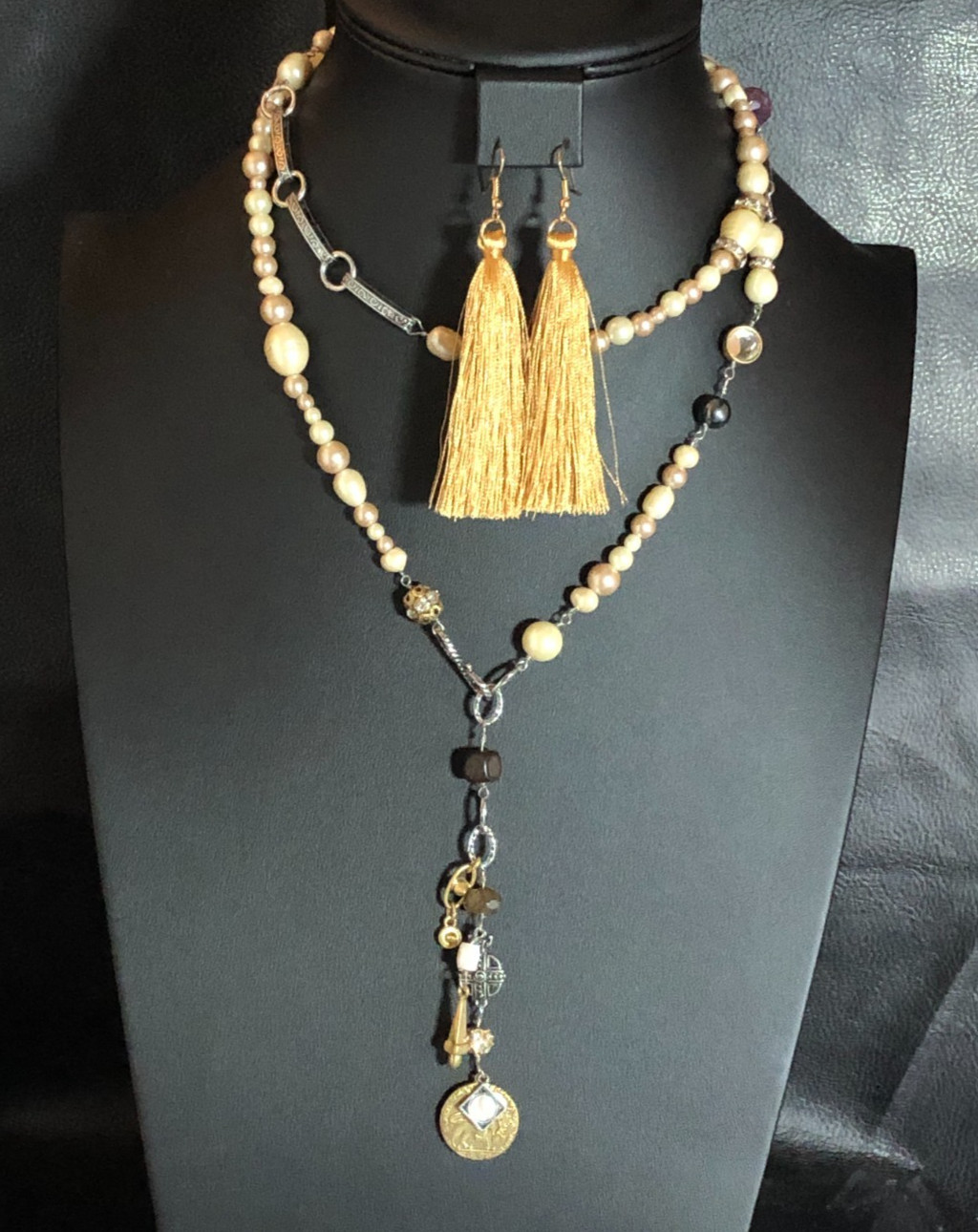 CABI Faux Pearl Natural Gemstone Lariat Y Drop Necklace +Tassel Earrings 8455