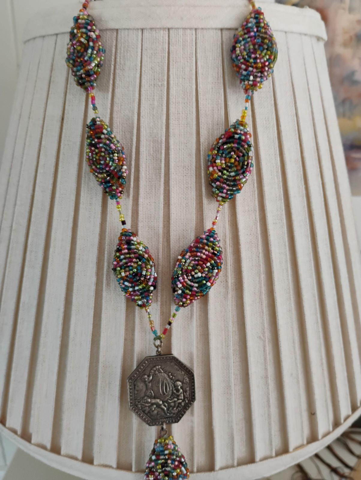 Stunning Antique Medal With Vintage Seed Beads Tassel Necklace Original