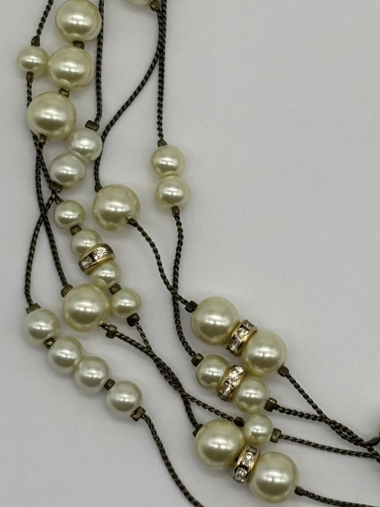 Coldwater Creek Multi-Strand Necklace Faux Pearls With Pave Set Rhinestone Beads