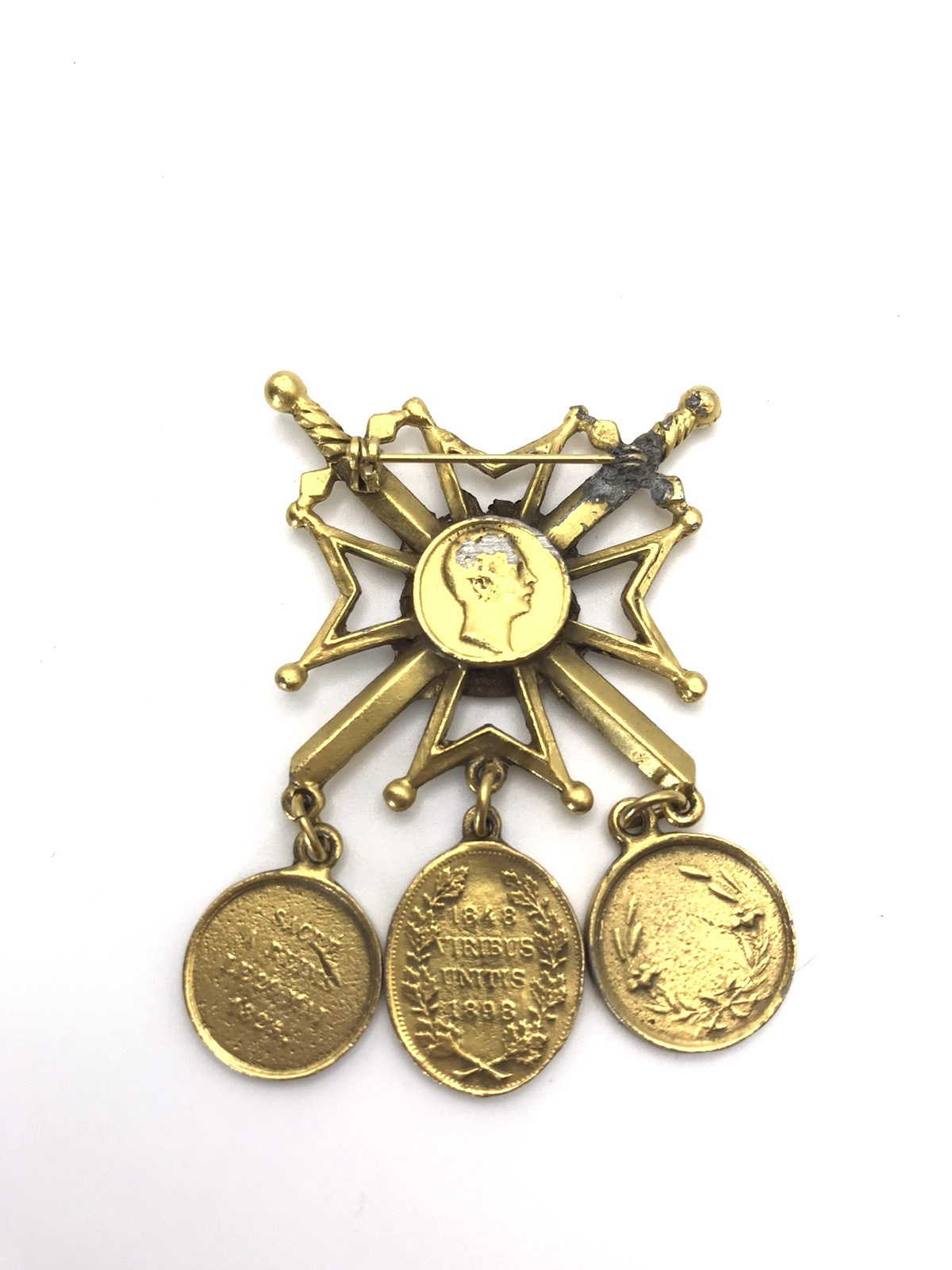Vintage Coat of Arms With Crossing Swords Crest Coins Brooch Pin Viribus Unitis
