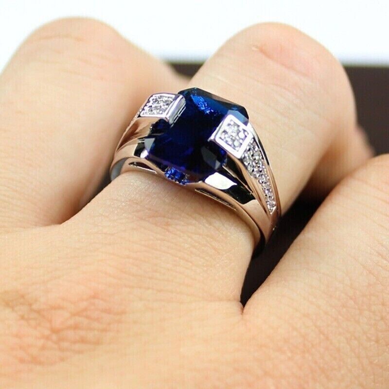 2Ct Emerald Cut Lab Created Sapphire Solitaire Men’s Ring 14K White Gold Plated