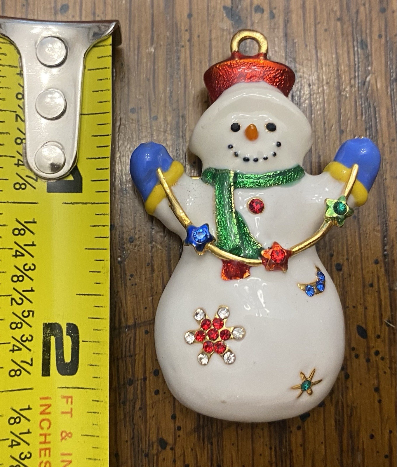 2 1/8” Colorful Enamel Gold Tone Sparkling Snowman Brooch Pin & Pendant