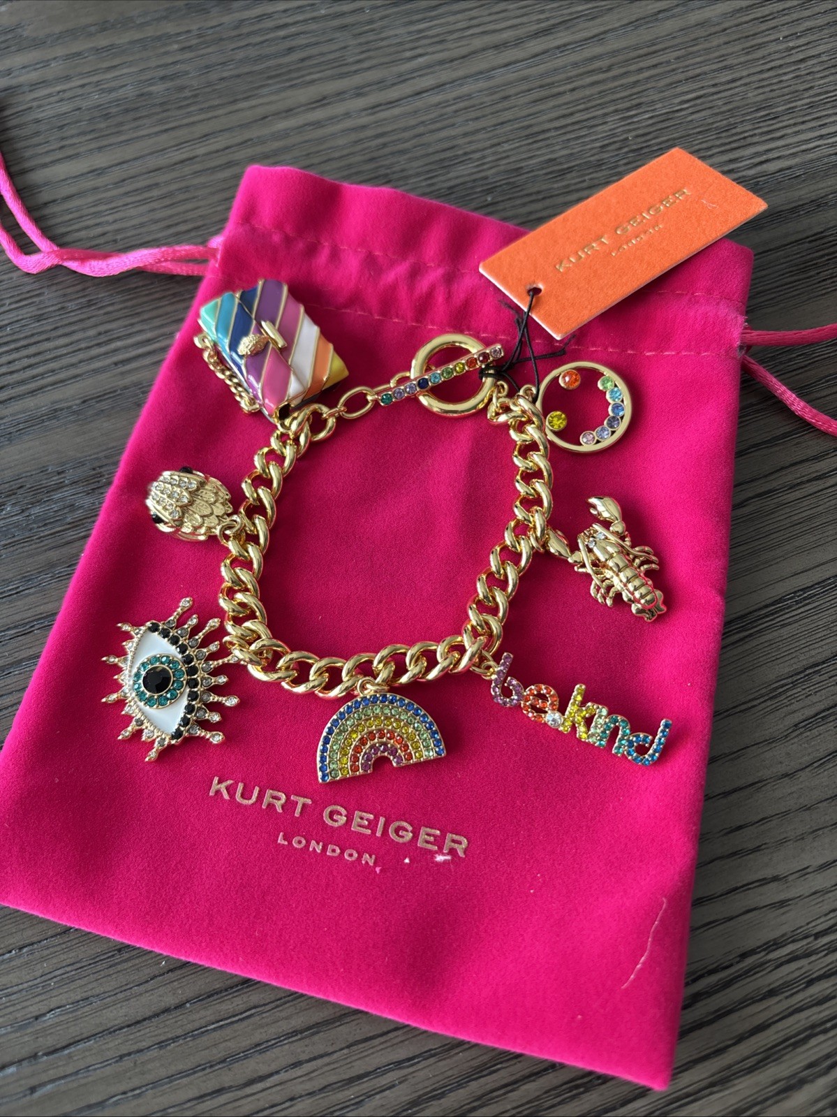KURT GEIGER LONDON Multi Signature CHARM MULTICOLOR GOLD TONE BRACELET NWT $168