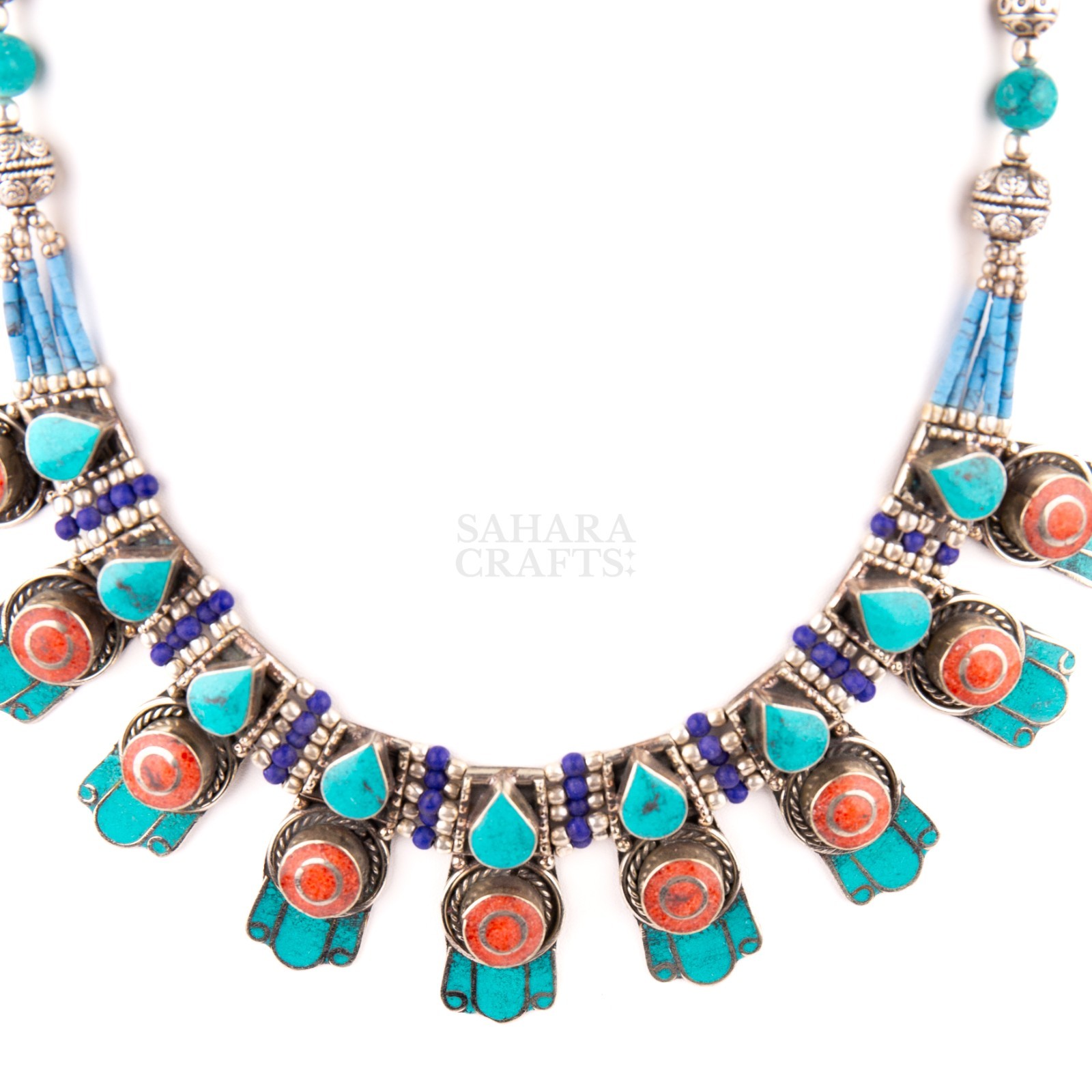 Traditional Tibetan Turquoise Coral Lapis Necklace, Handmade Ethnic Tribal