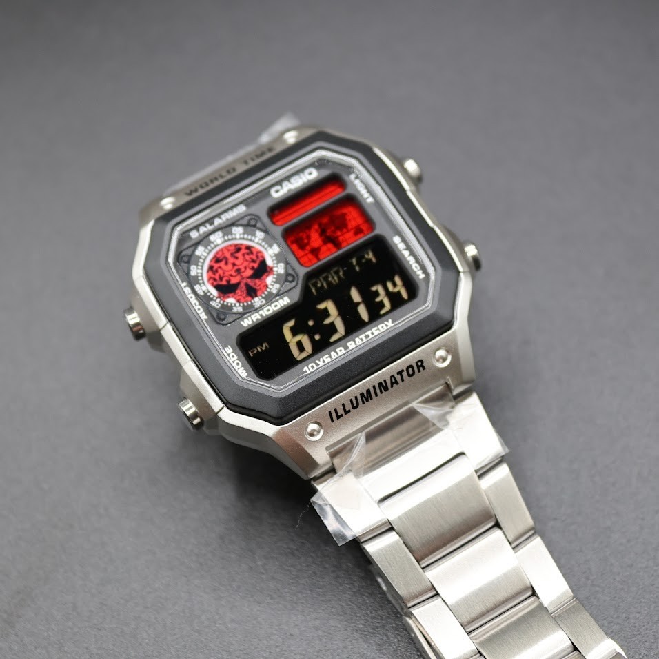 CASIO AE-1200WHD. Royale World Time Watch Mod. Negative Display – Red Skull Dial