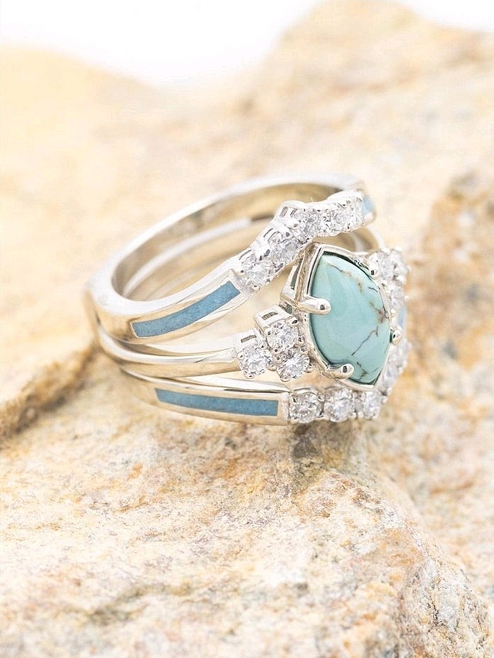 3pc Silver-Plated Zinc Turquoise & White/Colorless CZ Ring Size 6