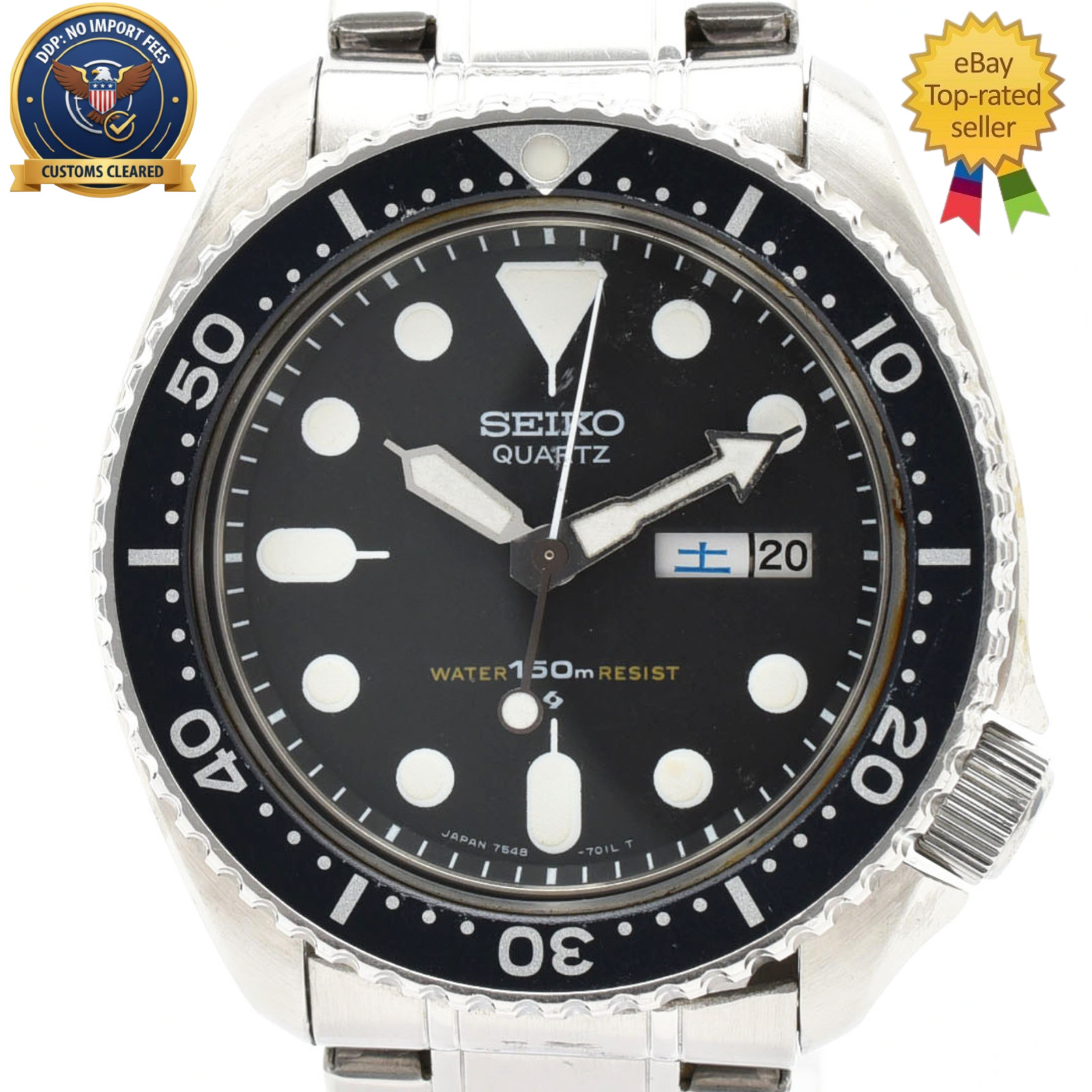 [Exc+5] Vintage SEIKO Diver’s 150mm 7548-7000 Day/Date Quartz Men’s Watch JAPAN