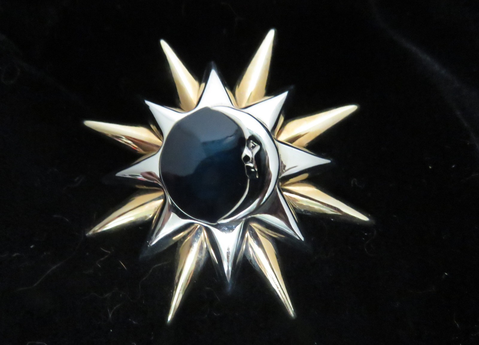 Liz Claiborne Sun Moon Starburst Gold & Silver Tone Blue Enamel Brooch Signed LC