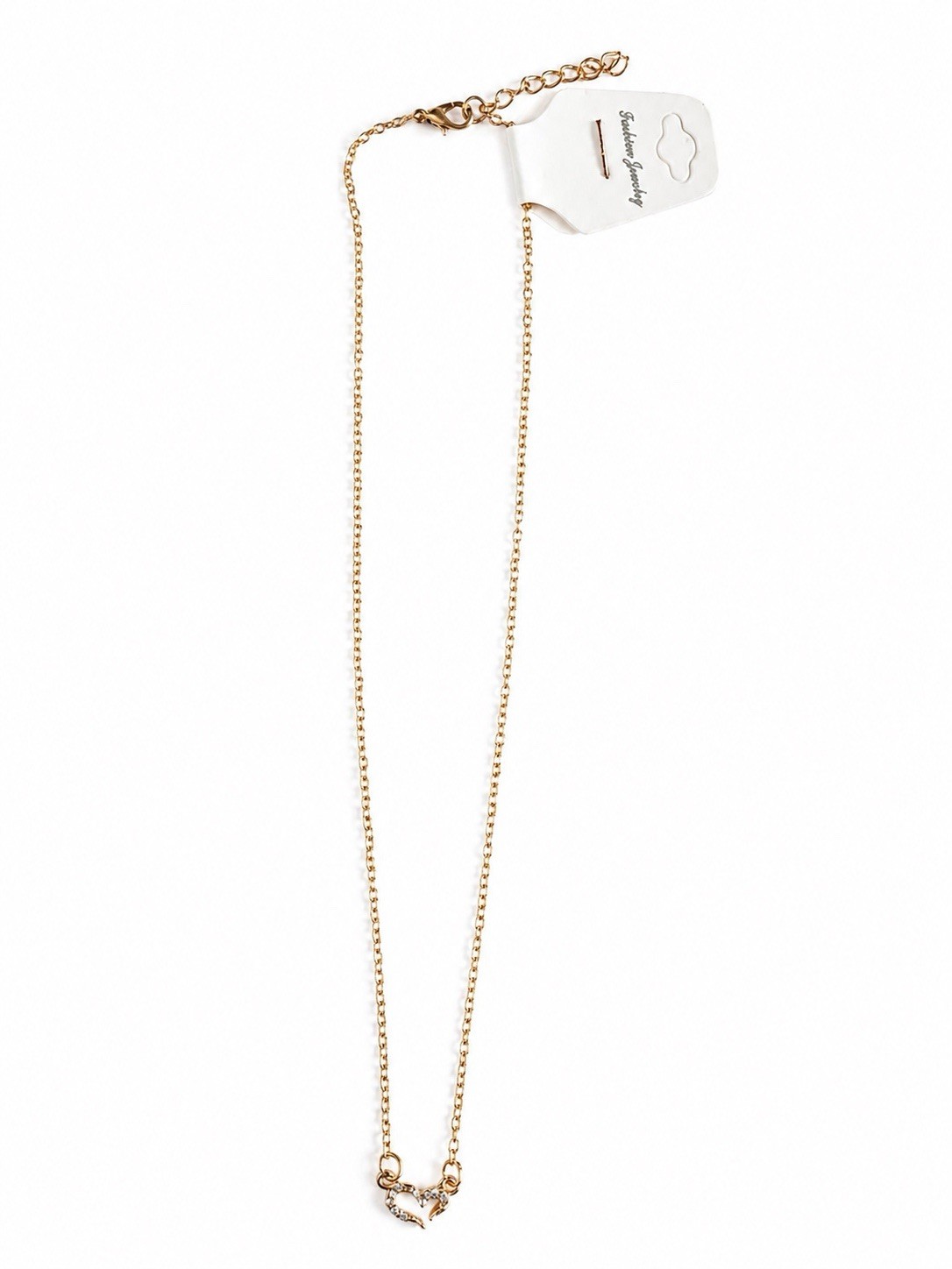 Gold Tone Heart Rhinestone Necklace Adjustable Chain Gift Box Included Women