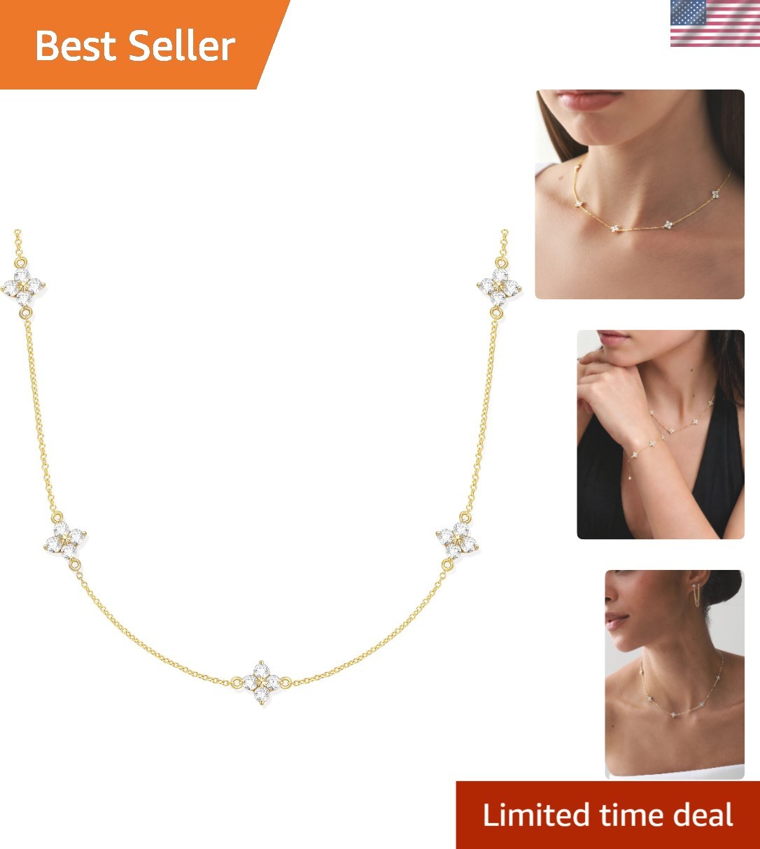 14K Gold Plated Floral Necklace with Adjustable Sliding Bead for Every Occasion