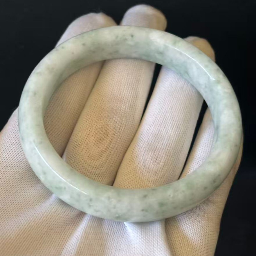 Natural Light Green Jade Bracelet Bangle, Width 14 mm, In-Perimeter 7.2-7.5 inch