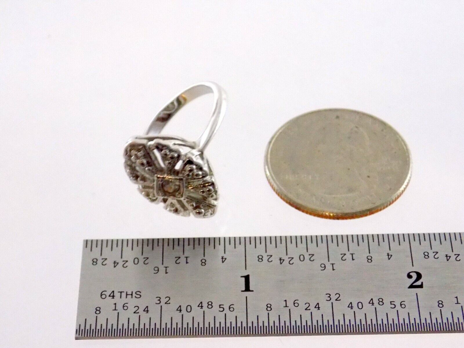 AVON Silvertone Metal and White Cubic Zirconia Ring Size 6 Round CZ Gems 3.8g