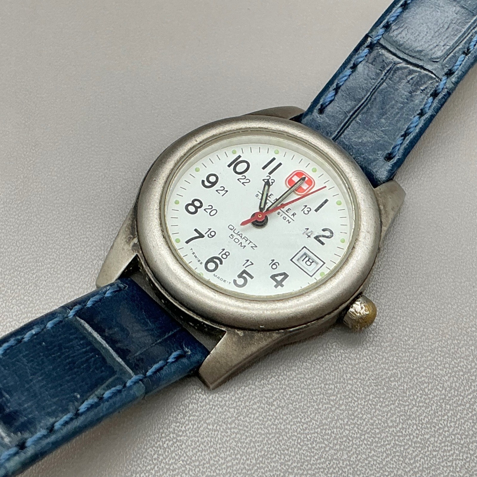 Wenger Watch Womens Silver Tone Blue Leather Band Military Style Date 8.25 In