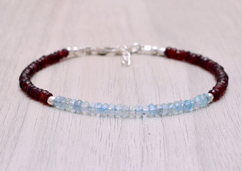 A++ Natural Garnet & Aquamarine Faceted Rondelle Gemstone Beaded Bracelets 6-8”