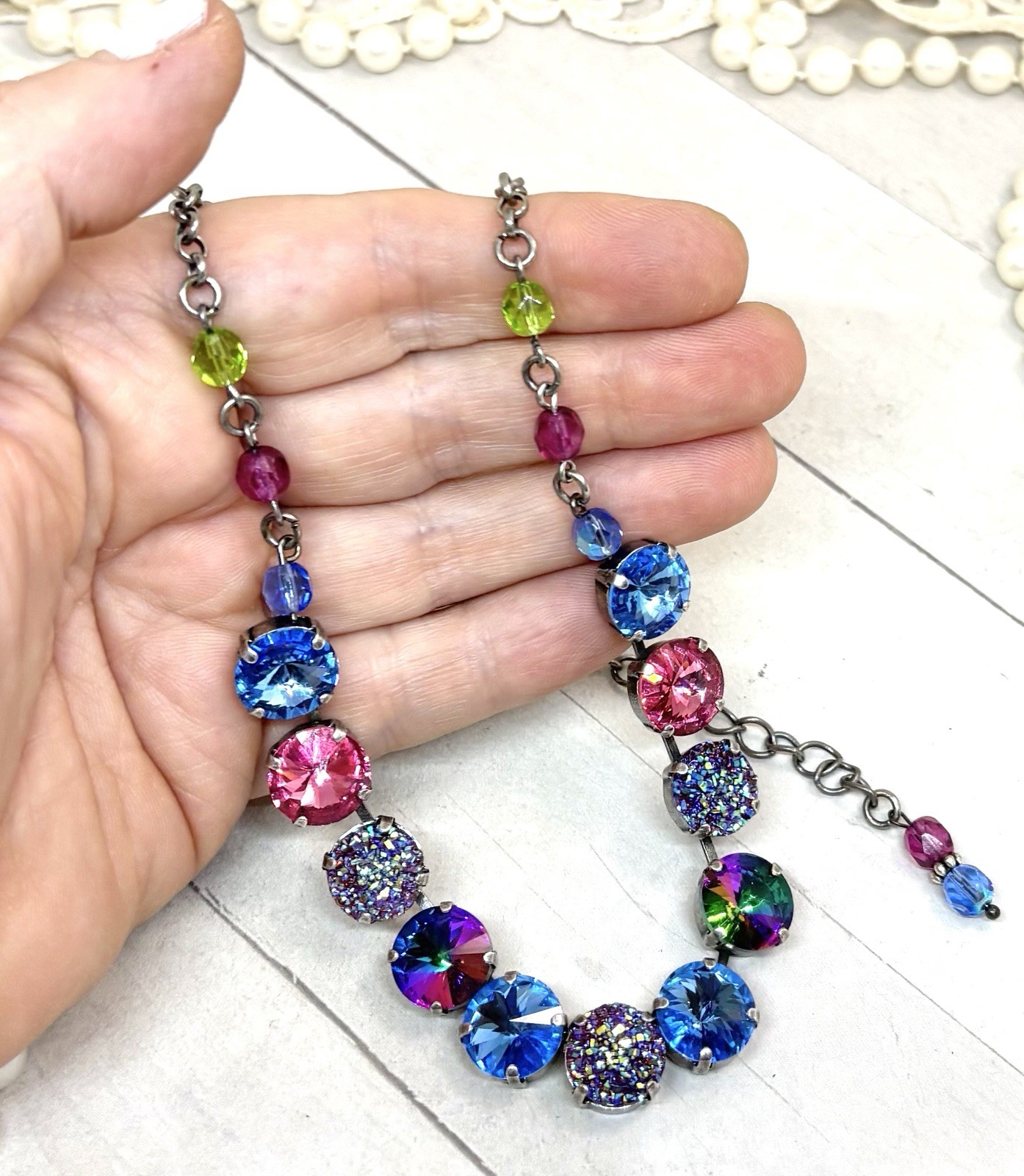 12mm Antique Silver Plated Ice Blue And Pink Druzy Cup Chain Statement Necklace