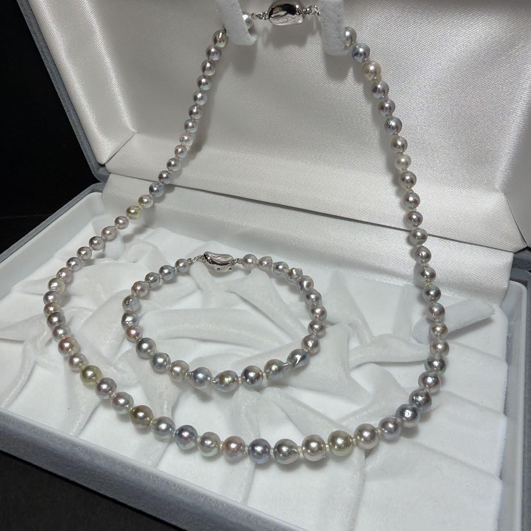 Akoya Pearl Necklace Bracelet 5.0-5.8mm 40cm Blue Gray Excellent JAPAN