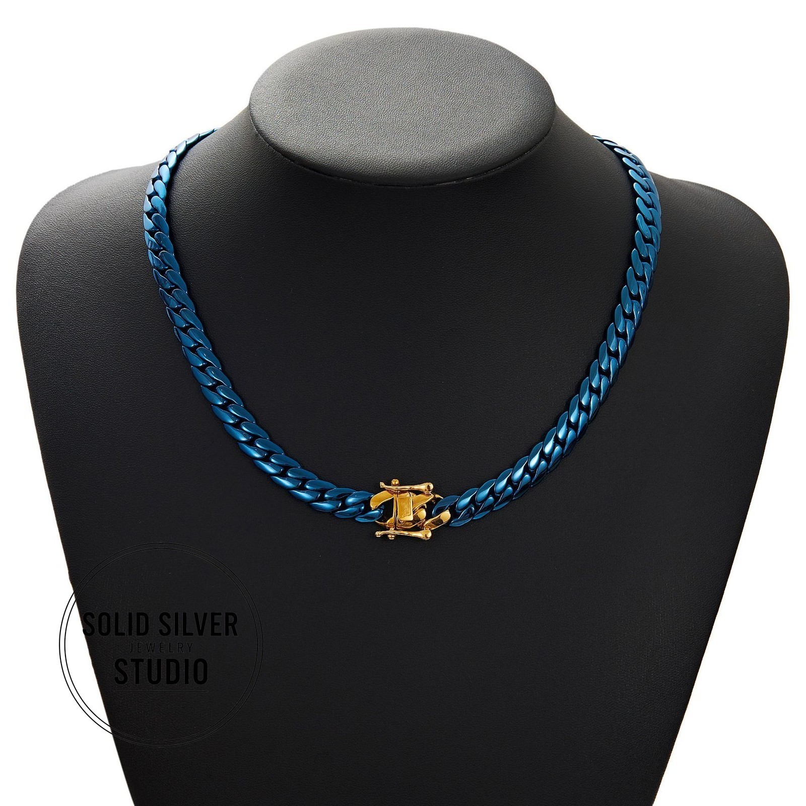 Blue & Gold Cuban Link Necklace or Bracelet Stainless Steel Chain Men’s Gift