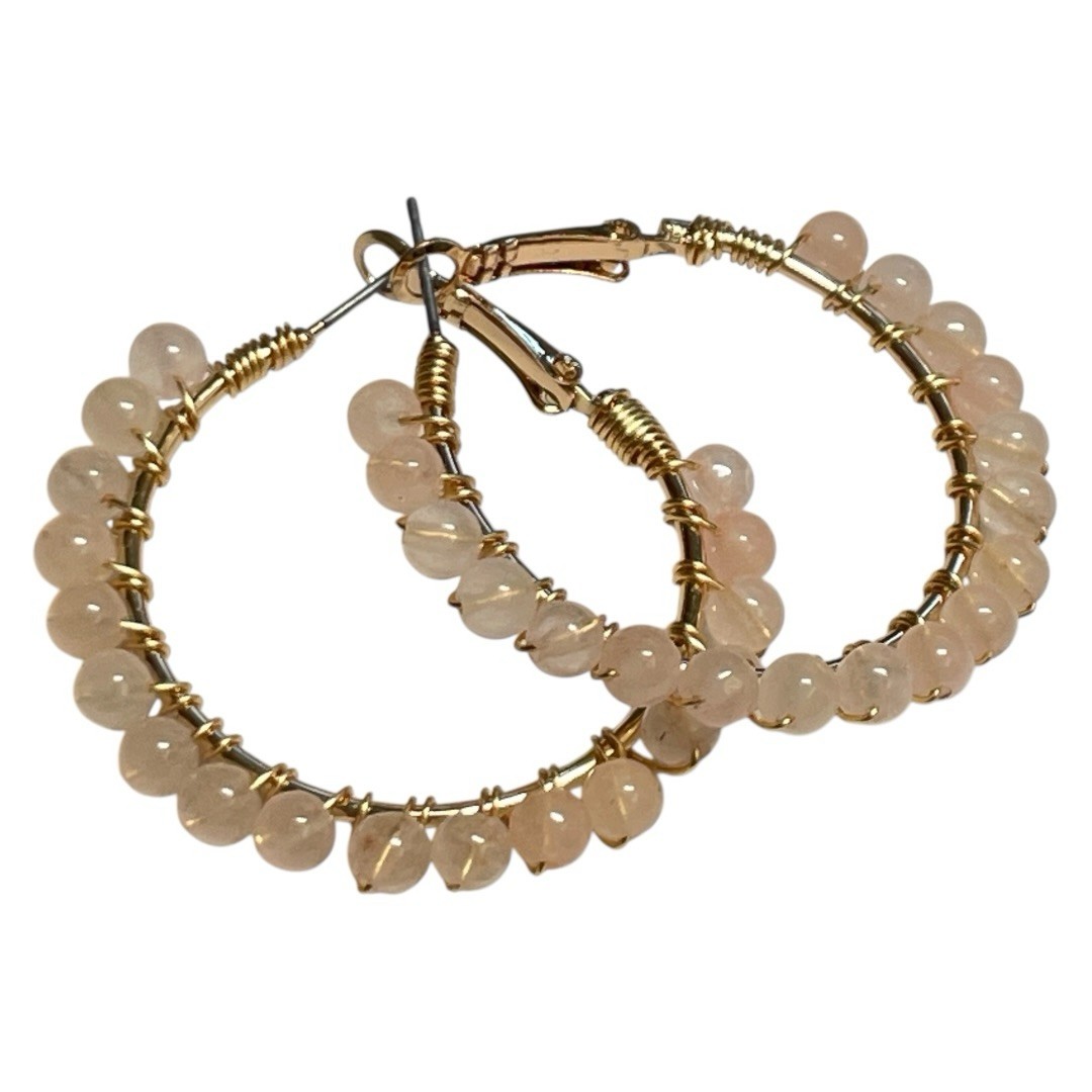 New Parfois Rose Quartz Stone Beaded Hoop Gold Earrings