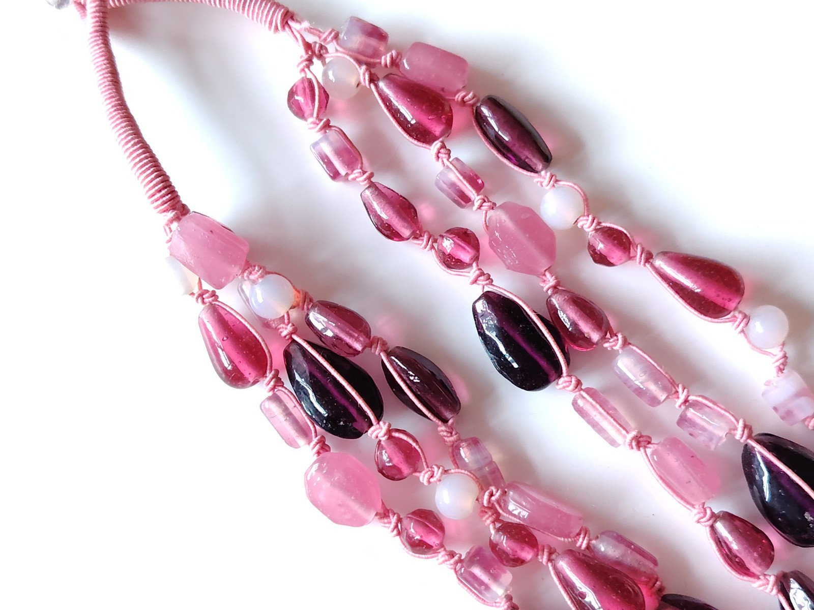 Pink Material Glass Bead Necklace Multi strand Mixed Shape Layering Toggle Clasp