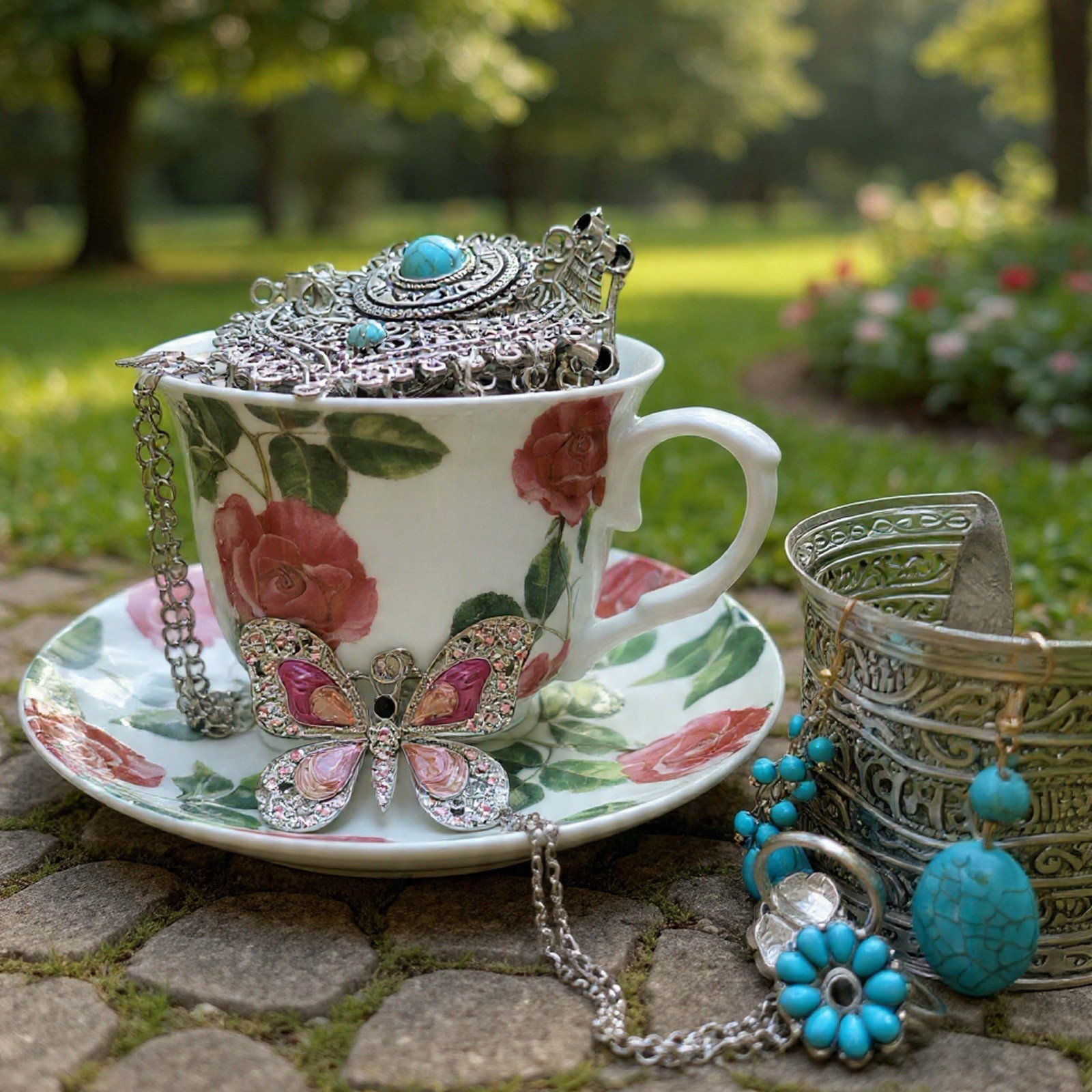 Mystery Jewelry Jar Vintage Floral Tea Cup 50 Pieces Blue Silver Tone Boho