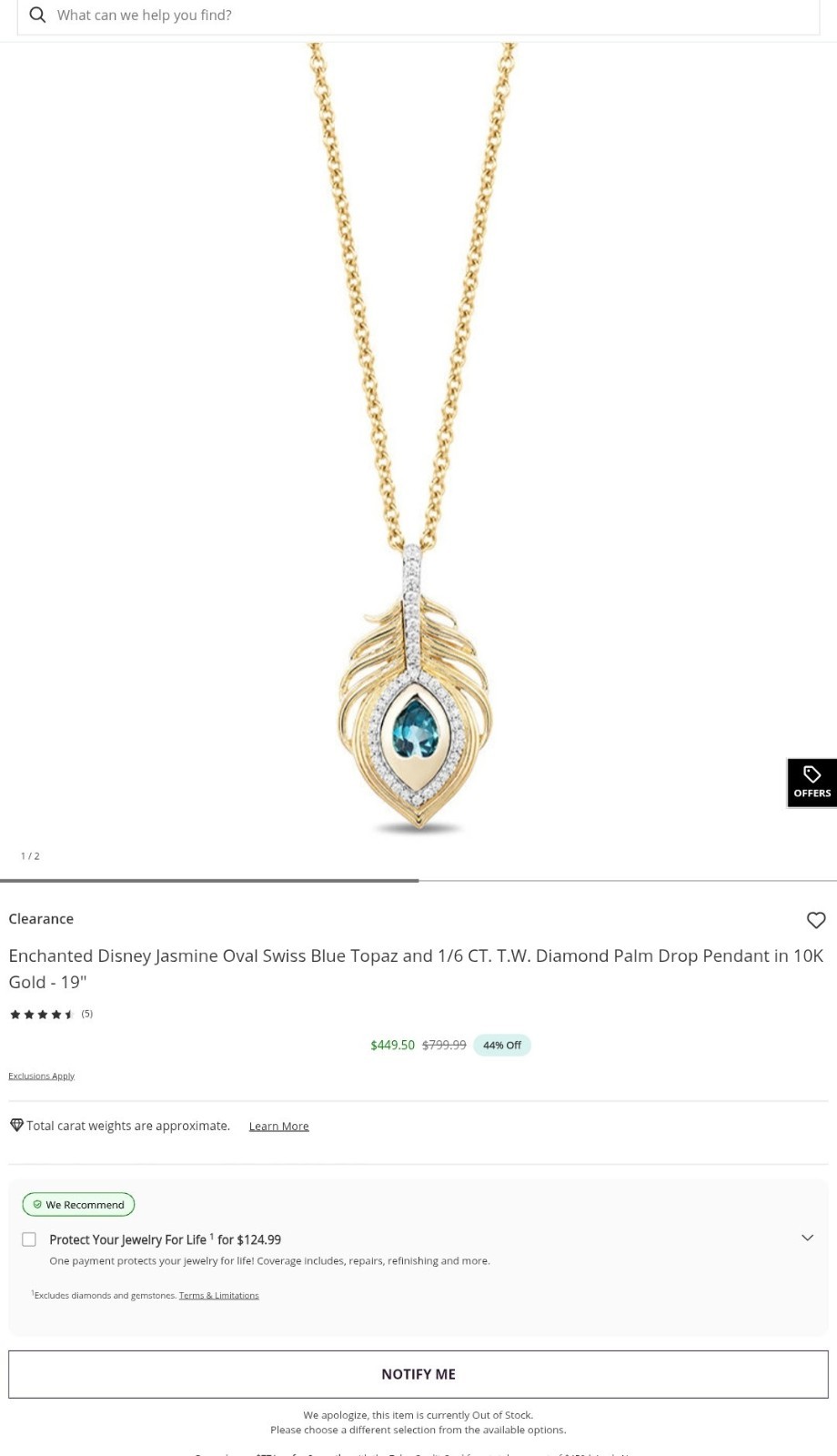 Zales Enchanted Disney Princess Jasmine Oval Blue Topaz Diamond Pendant Necklace
