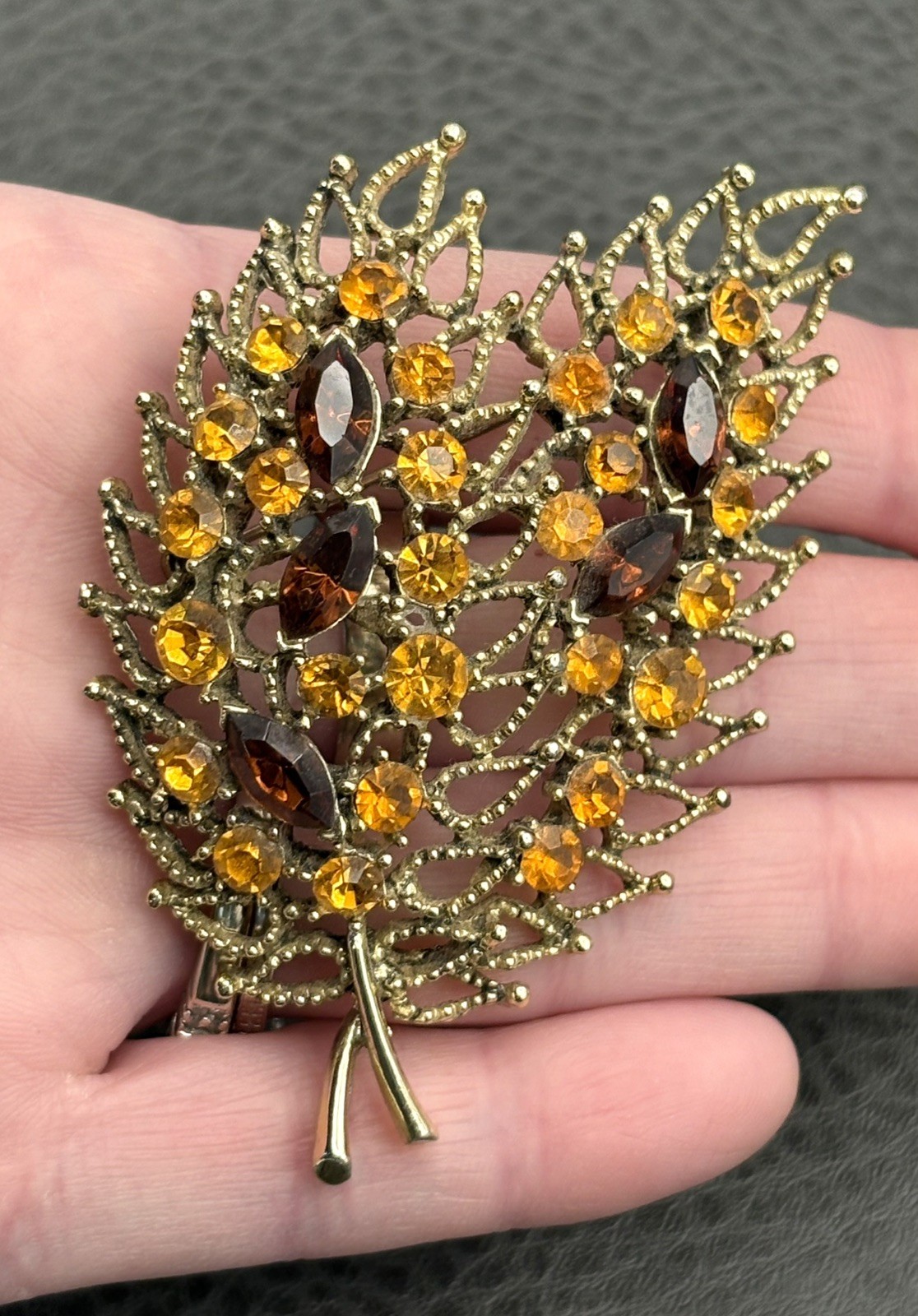 HUGE Vintage Leaf Filigree Faux Topaz Faux Citrine Rhinestone Crystal Brooch Pin