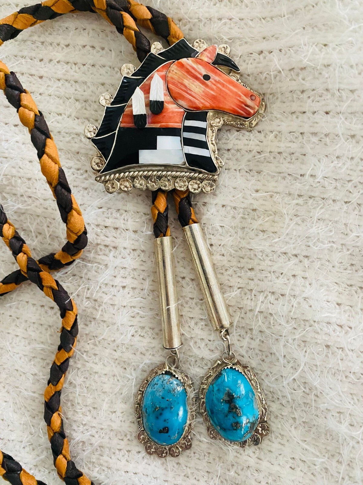 Native American Rare Zuni Eldred Martinez Signed Spiny Oyster ZUNI PONY Bolo Tie