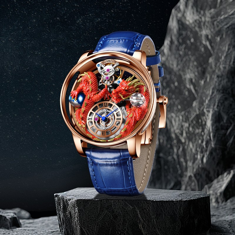 PINDU Men’s 3D Dragon Quartz Watch – Leather Strap, Waterproof