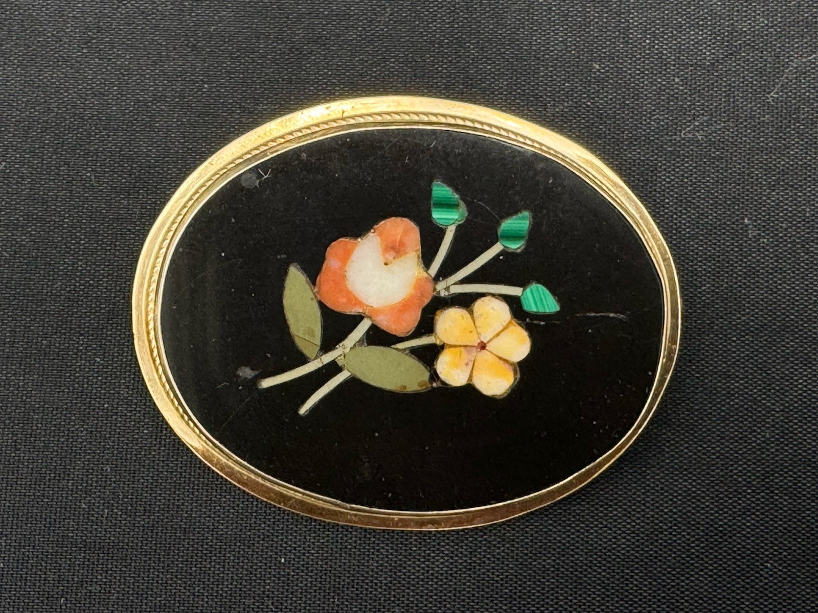 Vintage 14K Gold Pietra Dura Mosaic Multi Stone Floral Brooch Pendant, 7.5 gram