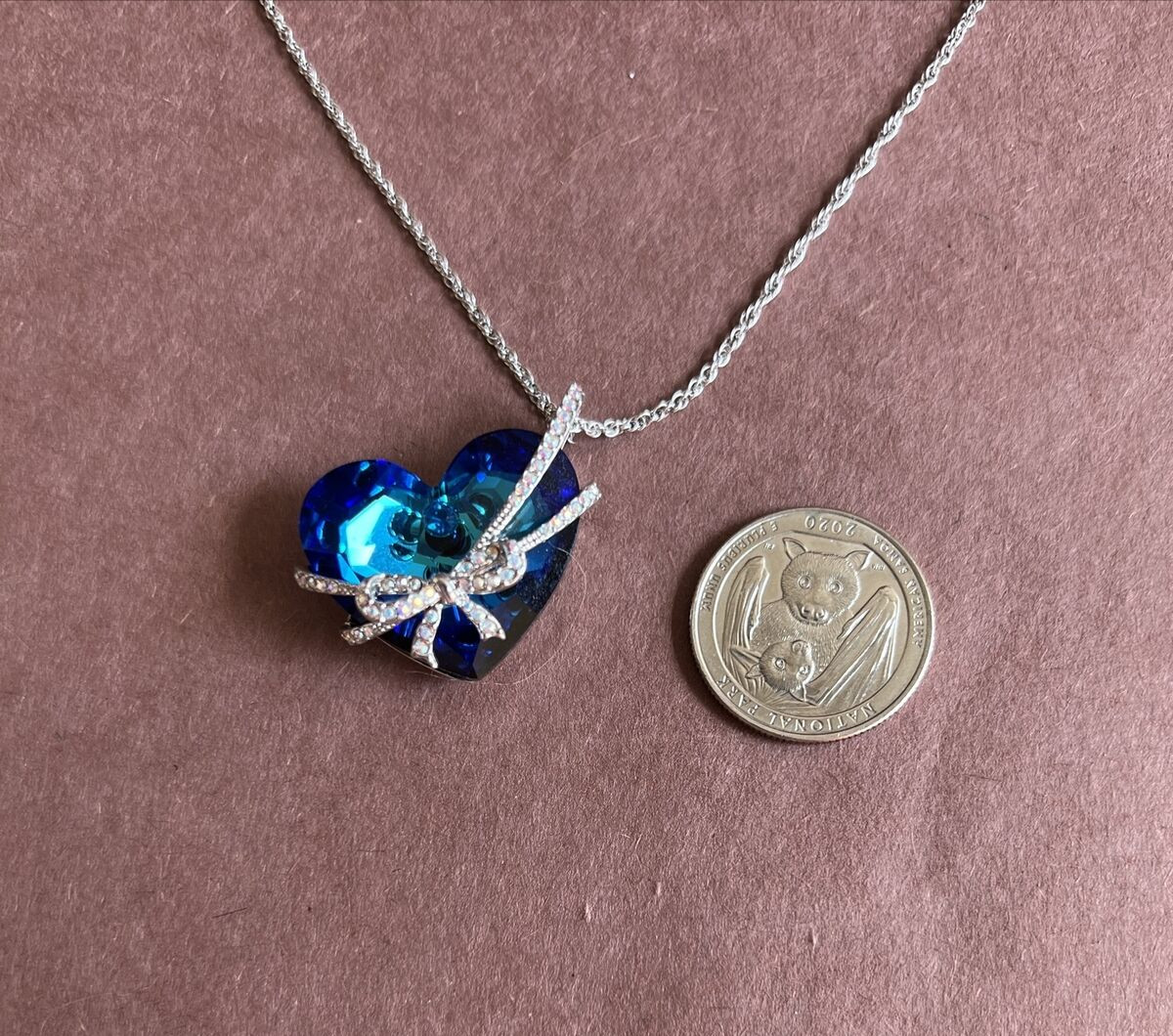 Vintage Qianse Swarovski Crystal Blue Heart Love You Forever Necklace 16″