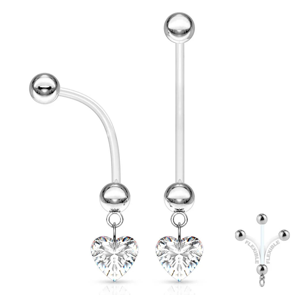Pregnancy Clear Heart Navel Ring – 14G BioFlex 1” Bar