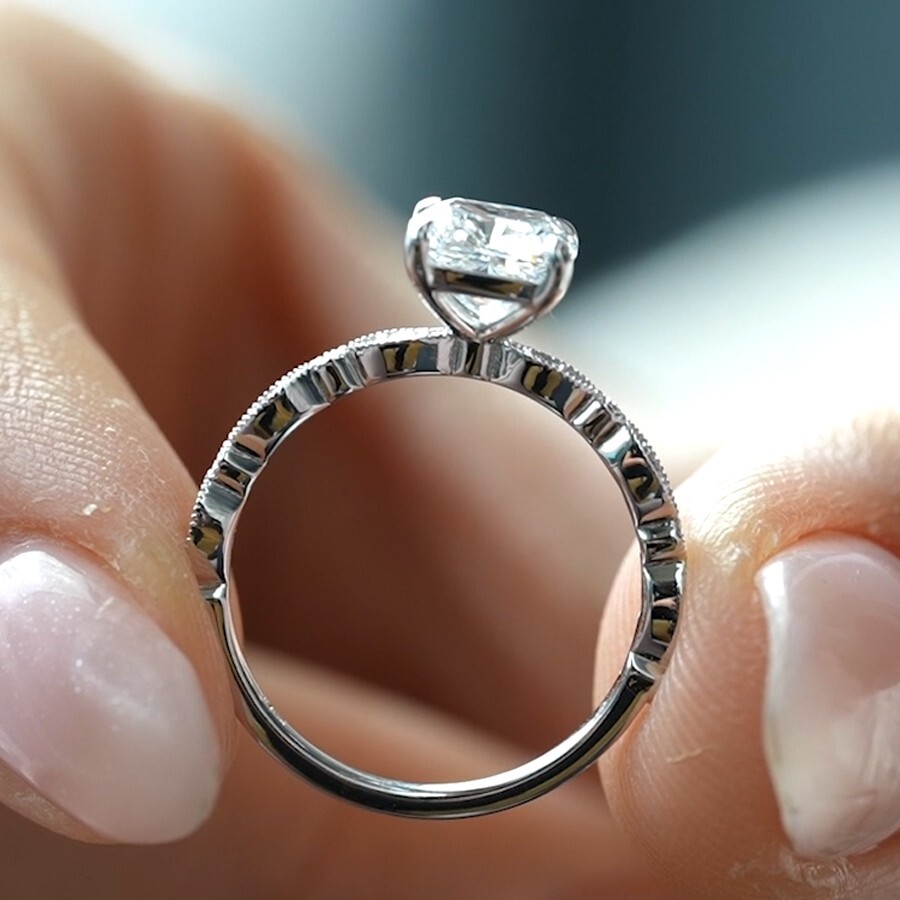 2.09 TCW Cushion Cut Moissanite Milgrain Engagement Ring 14k White Gold Plated
