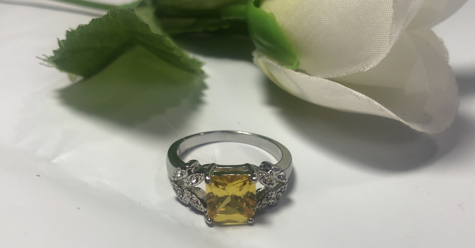 Ring Silvertone Yellow Faux Citrine Prince Cut Rhinestone Clear Accent Solitaire