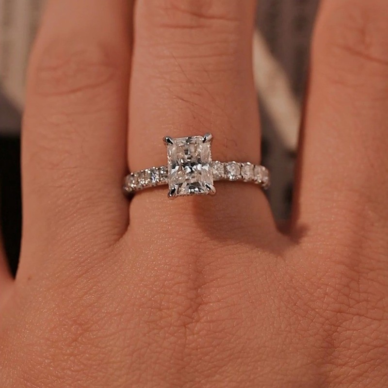 1.95Ctw Radiant Cut Moissanite Hidden Halo Engagement Ring 14K White Gold Plated