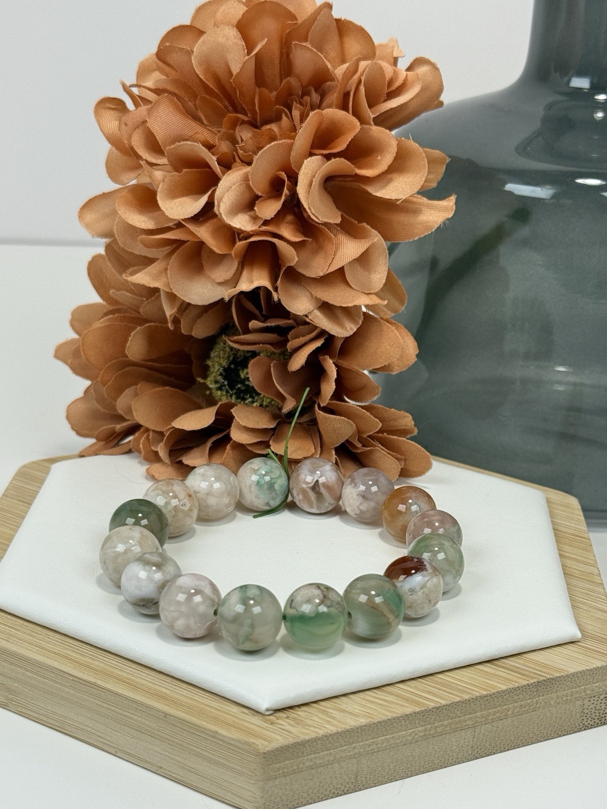 Flower Agate Green Bead Bracelet 13MM