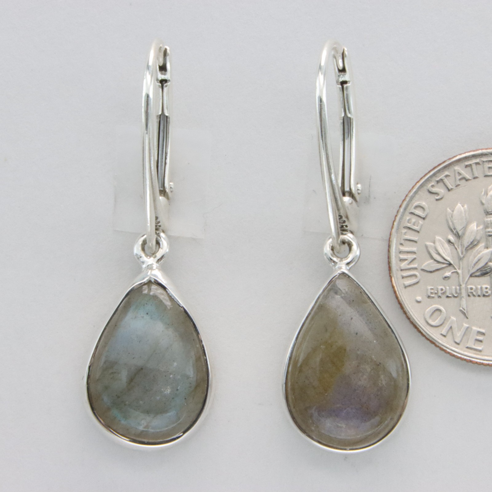 925 Sterling Silver – Pear Labradorite Drop Leverback Earrings Gemstone #64