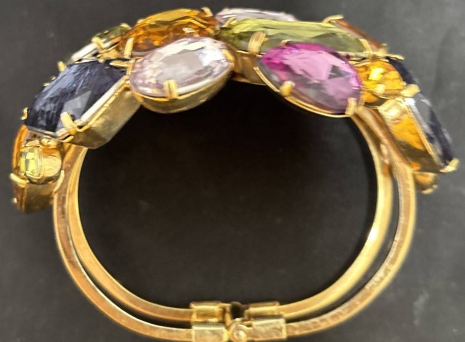 Vintage Gold Tone Plastic Resin Rhinestones Wide Hinged Bracelet Wow
