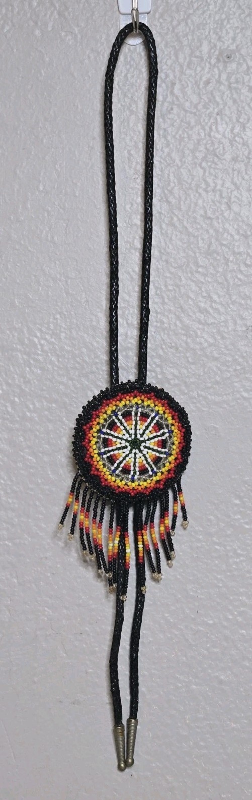 Native American Beaded Necklace Bolo Tie Black Yellow Red Orange Seed Beads 16″
