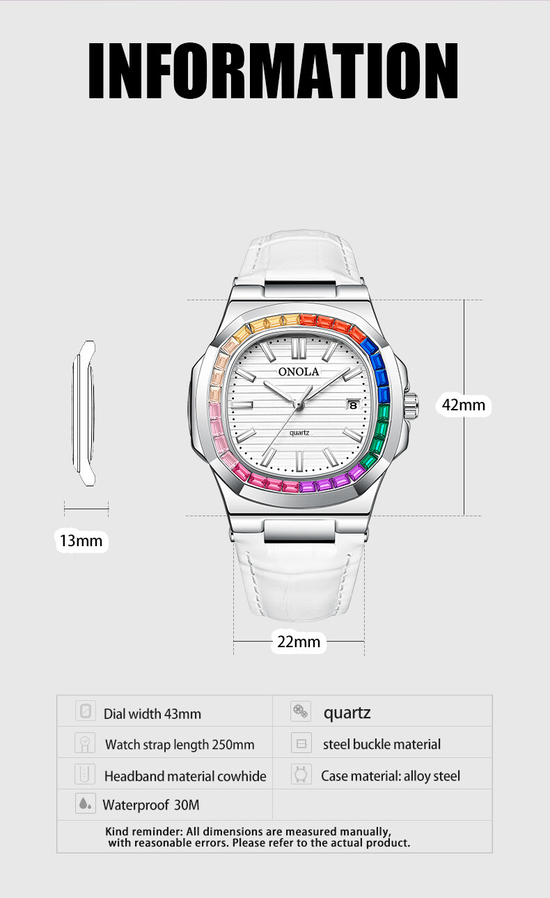 ONOLA Rainbow Leather Casual Business Calendar Waterproof Luminous Quartz Watch