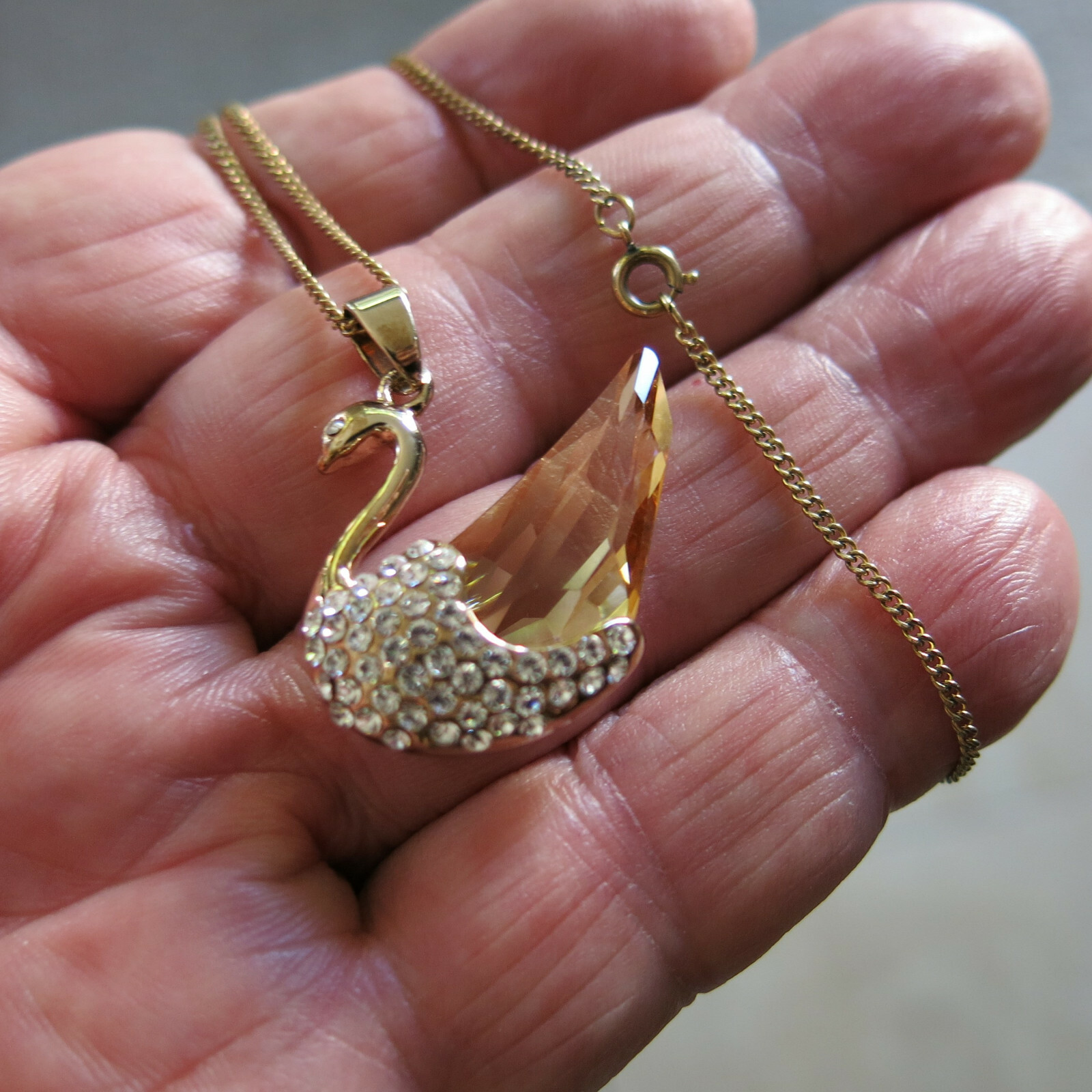 Swarovski Crystal Swan Pendant in Gold Tone Metal & Gold Filled 19 Chain [6611]
