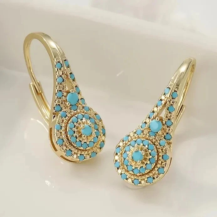Vintage Style Blue Turquoise Drop Earrings Gold Tone Bohemian Jewelry