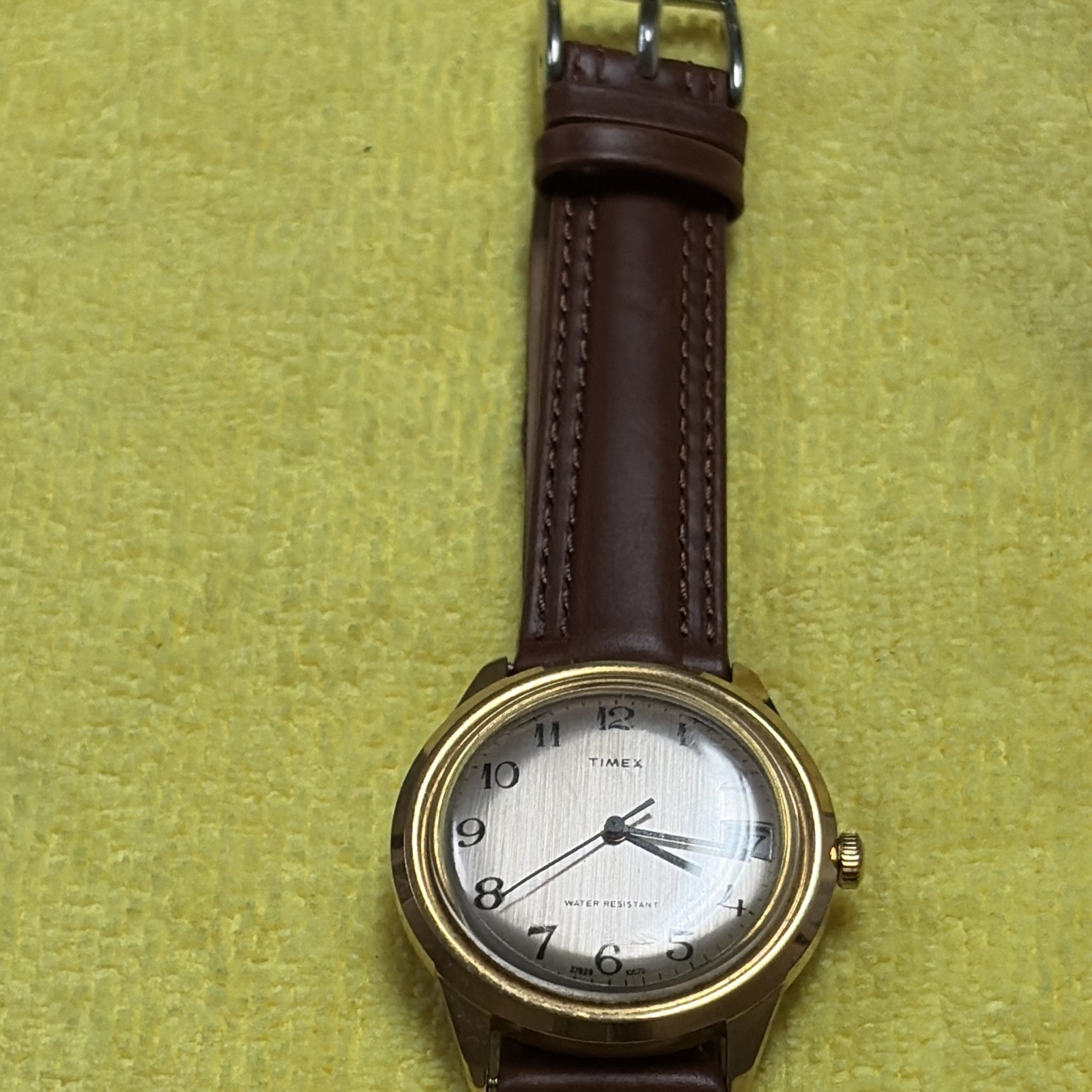 Timex Marlin Analog WR Date Gold-Tone Case Silver Sunburst Dial Brown Leather