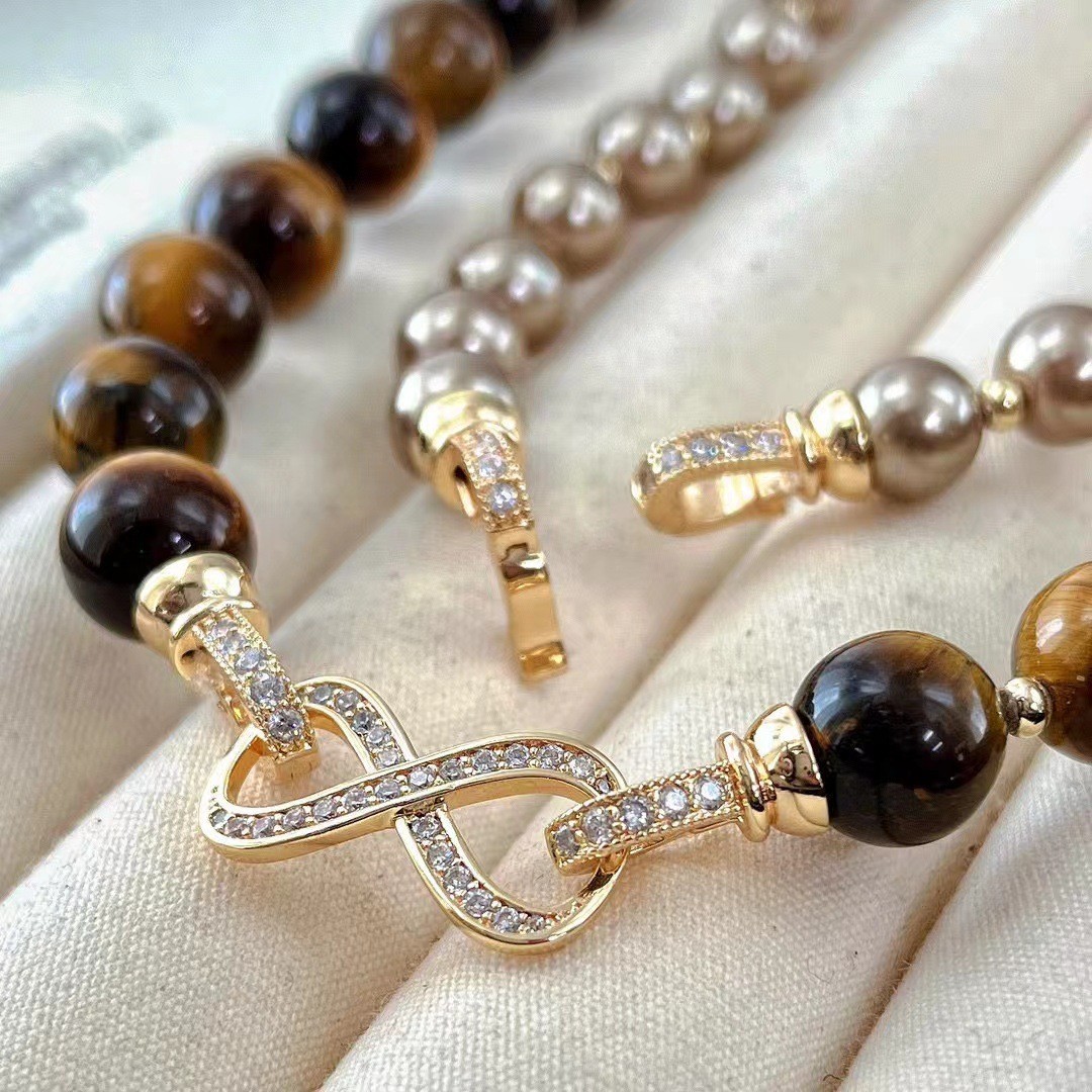 Meirade Style 8+10mm/0.32+0.39in Tiger’s Eye Double-Layer Pearl Necklace