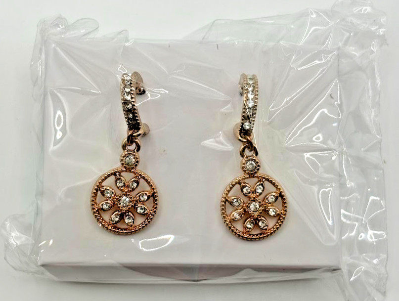 Avon Rose Gold Tone Clear Crystal Medallion Drop Dangle Earrings in Gift Box NIB