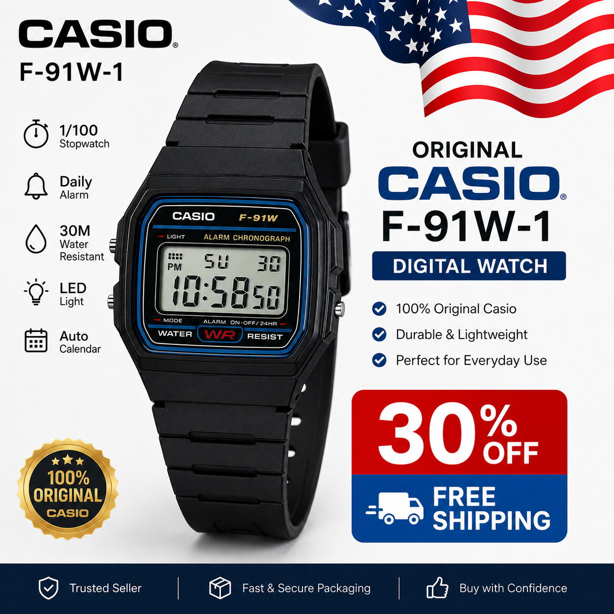 Original Casio F-91W-1 Digital Watch Men Square LCD Electronic Waterproof Sports