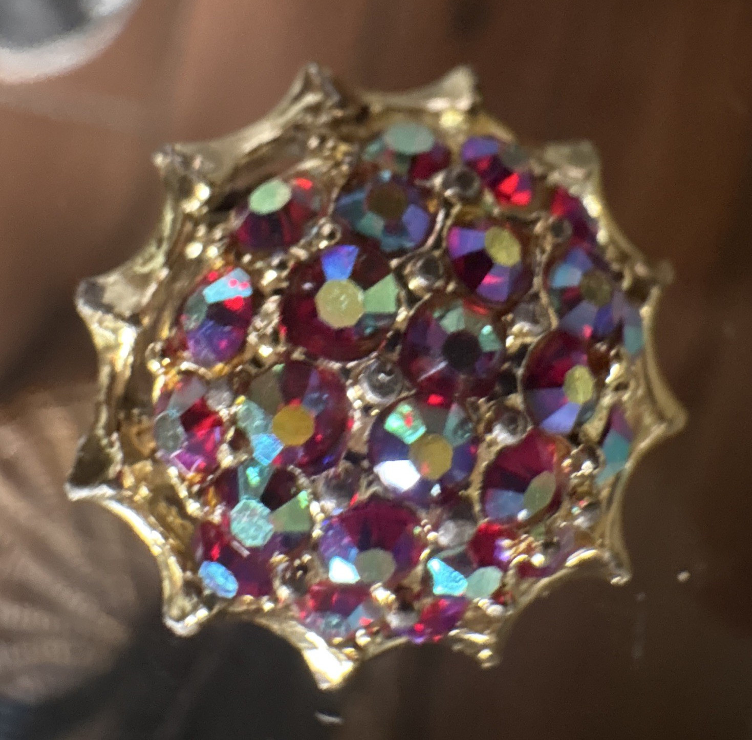 Gold Tone Purple & Blue Rhinestone Cluster Round Brooch Pin, Aurora Borealis